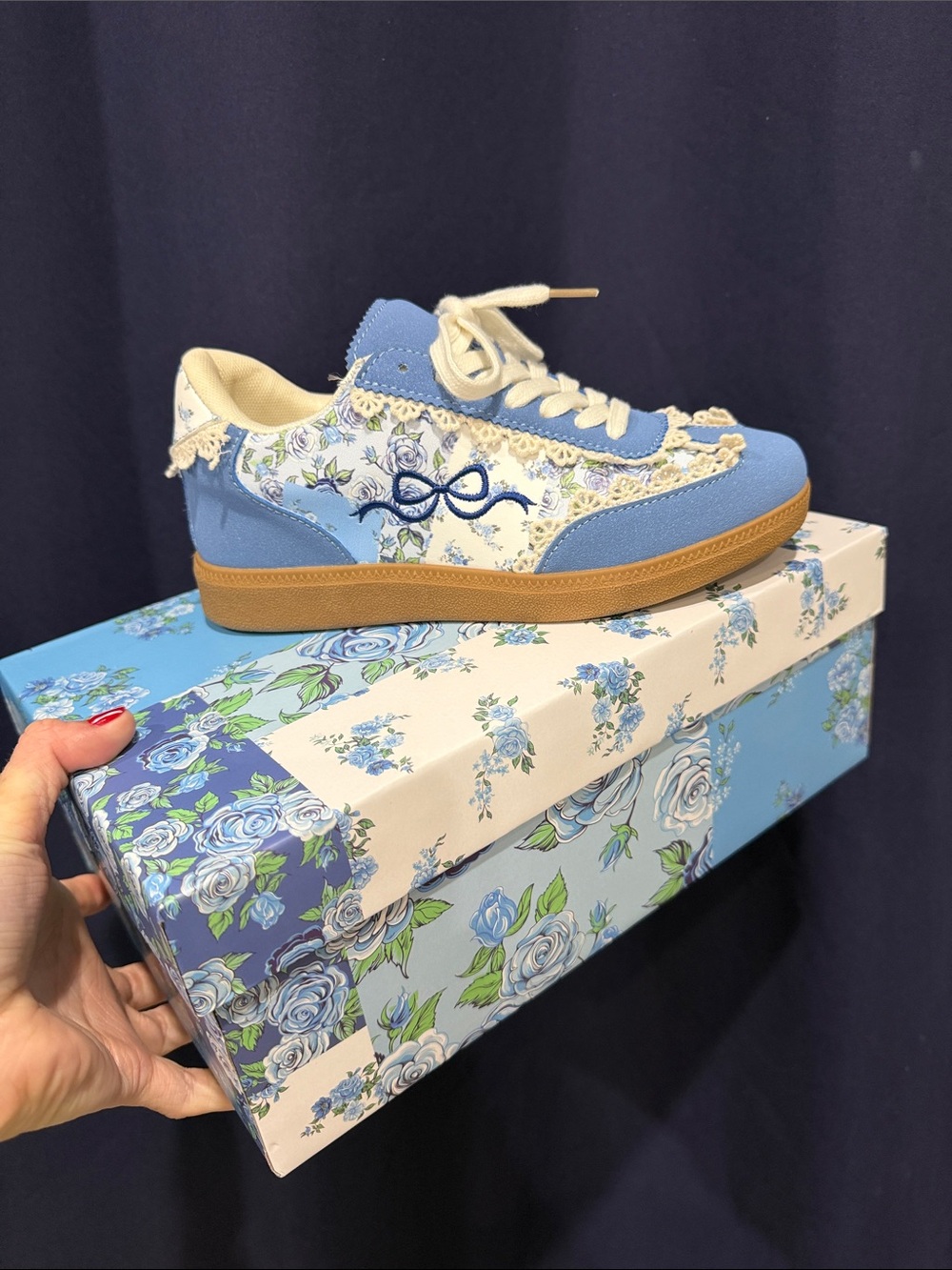 Simply Southern Light Blue Floral Lace-Trim Sneaker with Tan Sole